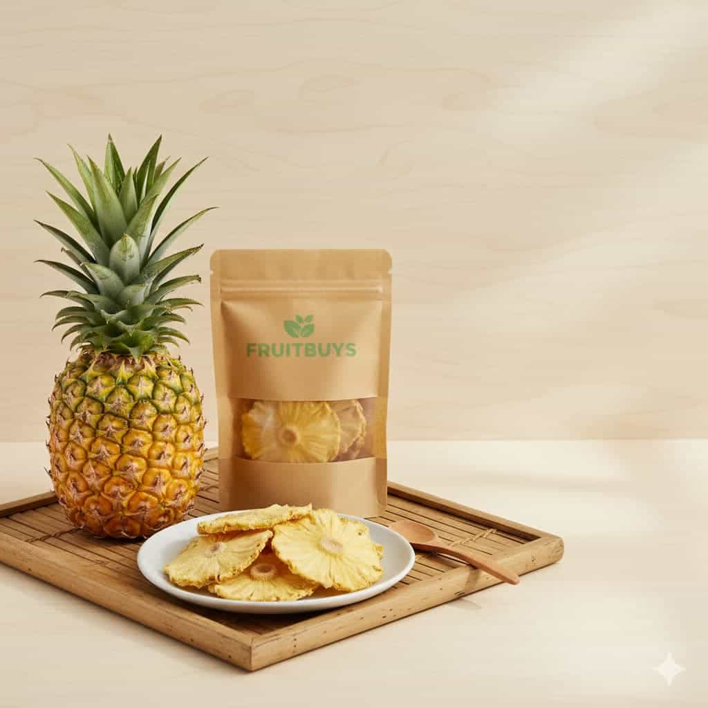 Dứa tắc cậu tươi đặt cạnh lát dứa sấy dẻo vàng tự nhiên trên đĩa sứ trắng mờ, props khay tre và bao bì kraft dập nổi fruitbuys