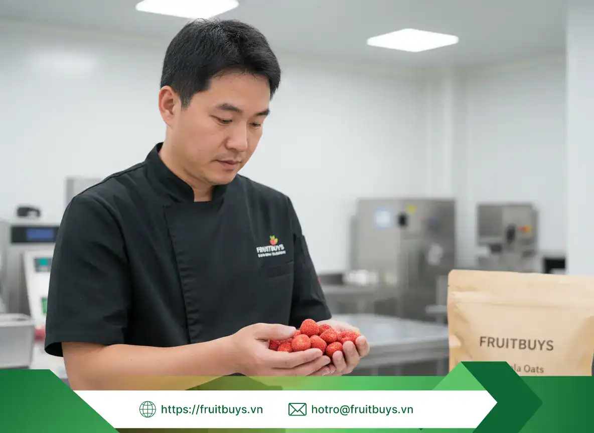 Quy Trình Sản Xuất Dâu Sấy Thăng Hoa (2) FRUITBUYS VIETNAM