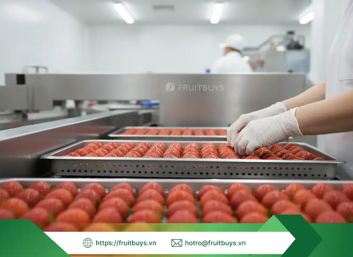 Quy Trình Sản Xuất Dâu Sấy Thăng Hoa (7) FRUITBUYS VIETNAM