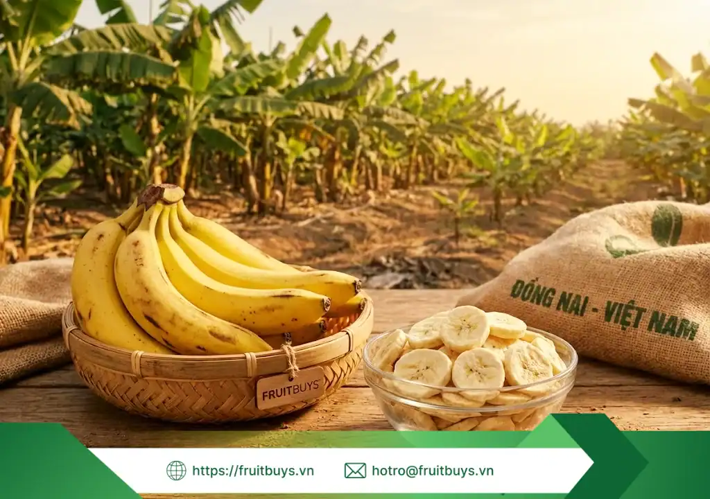 Hành Trình Của Trái Chuối Đồng Nai: Từ Đất Đỏ Bazan Đến Gói Snack Công Nghệ Cao nguồn gốc chuối sấy thăng hoa 251220 (1) fruitbuys vietnam