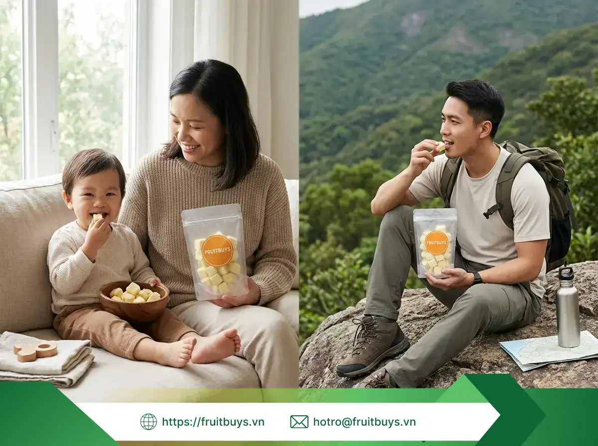 Sầu Riêng Sấy Thăng Hoa Phù Hợp Với Ai? Giải Mã Món Snack "Quốc Dân" Chiều Lòng Từ Em Bé Đến CEO sầu riêng sấy thăng hoa (22) fruitbuys vietnam