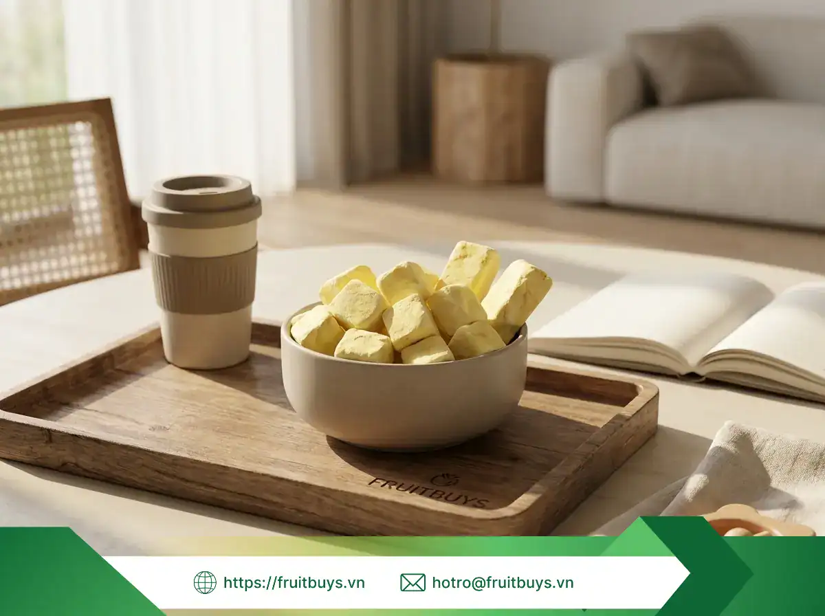 Hành Trình Của Múi Sầu Riêng Sấy Thăng Hoa: Từ Đất Đỏ Bazan Đến Gói Snack Trên Tay Bạn sầu riêng sấy thăng hoa (4) fruitbuys vietnam