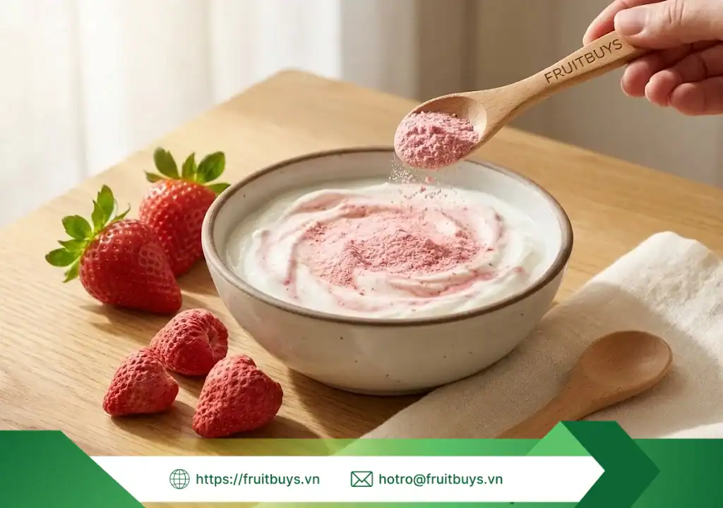 Bột Dâu Tây Sấy Thăng Hoa Phù Hợp Với Ai? Giải Mã Bí Mật Nguyên Liệu "Màu Hồng" bột dâu tây sấy thăng hoa phù hợp với ai 260109 (2) fruitbuys vietnam