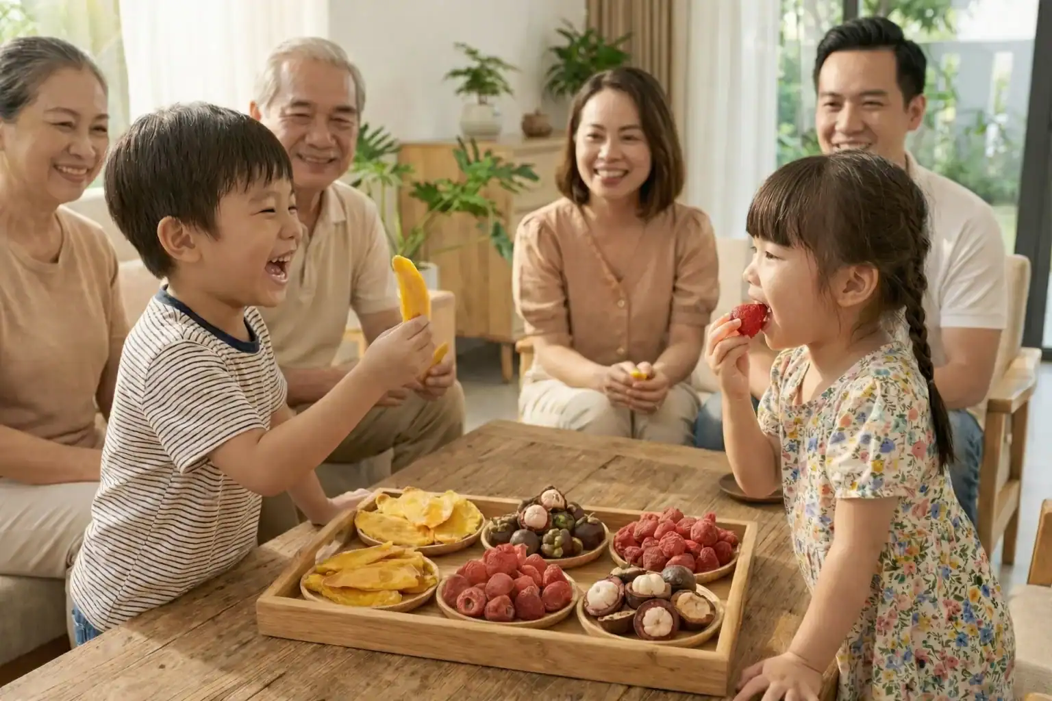 Trang Chủ gia đình nhiều thế hệ đang ăn các loại trái cây sấy mộc an toàn và sấy thăng hoa cao cấp có lợi cho sức khỏe tại fruitbuys việt nam một cách vui vẻ 21623