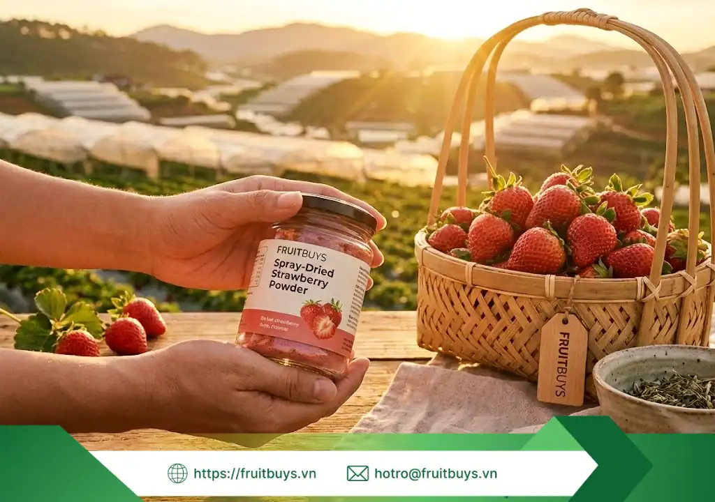 Truy Vết Nguồn Gốc Bột Dâu Sấy Phun: Tại Sao "Made in Vietnam" Lại Đắt Giá Hơn Bạn Nghĩ? nguồn gốc bột dâu tây sấy phun 251229 (6) fruitbuys vietnam