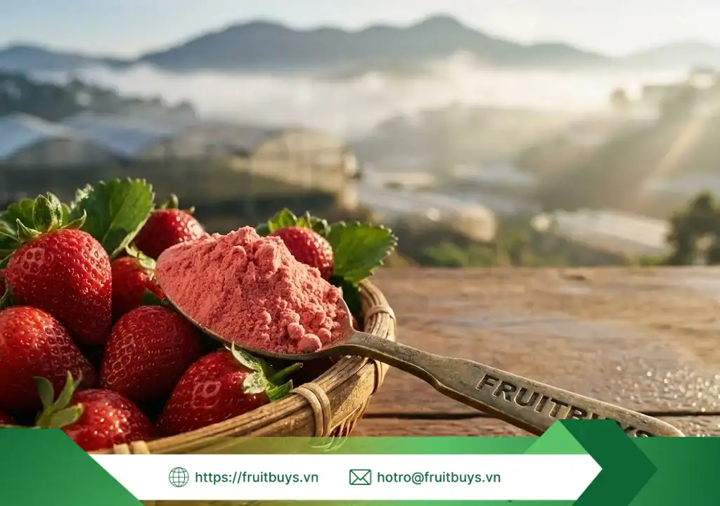 Nguồn Gốc Bột Dâu Tây Sấy Thăng Hoa: Hành Trình Từ Sương Sớm Đà Lạt Đến "Siêu Thực Phẩm" Trên Tay Bạn nguồn gốc bột dâu tây sấy thăng hoa 260109 (2) fruitbuys vietnam