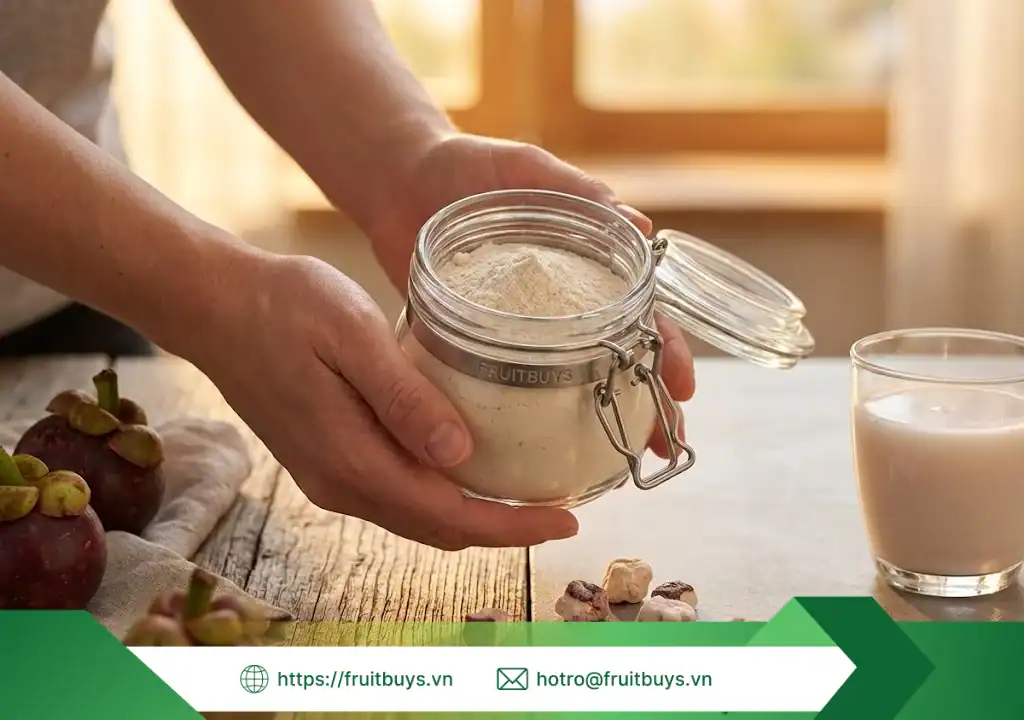 Hành Trình Của "Nữ Hoàng": Từ Vườn Cây Trăm Tuổi Lái Thiêu Đến Ly Smoothie Của Bạn nguồn gốc bột măng cụt sấy thăng hoa 260107 (7) fruitbuys vietnam