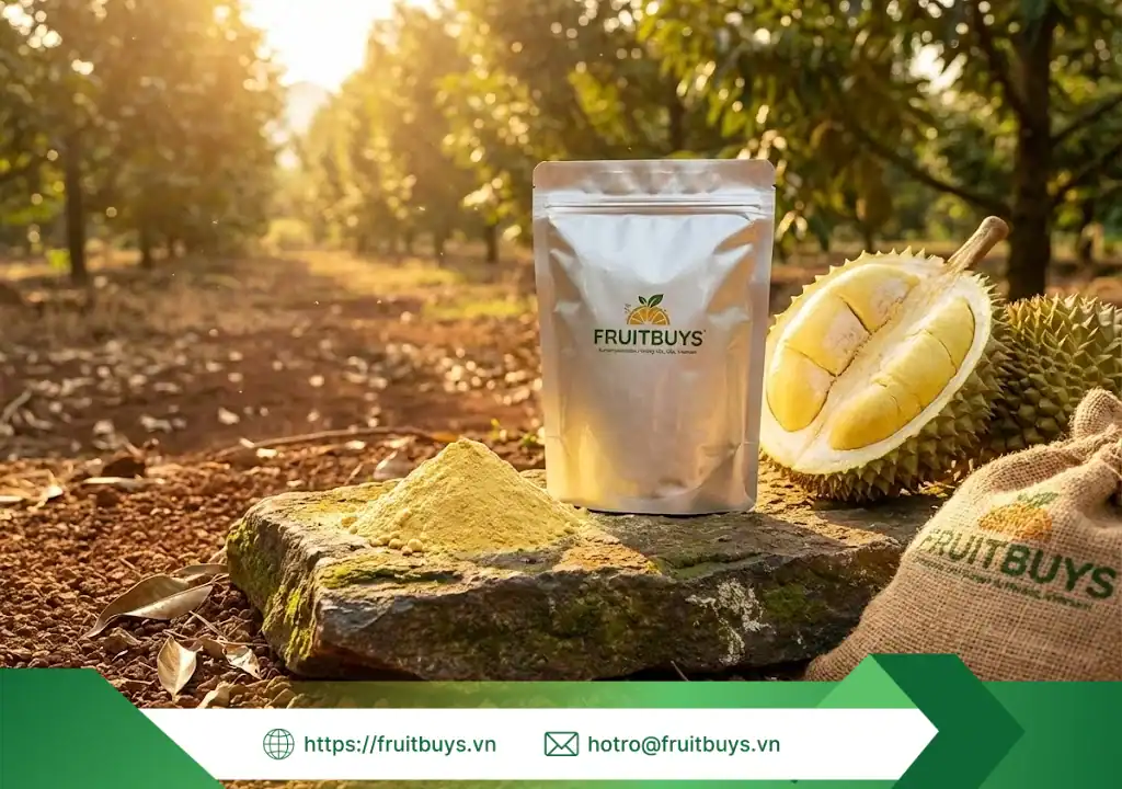 Nguồn Gốc Bột Sầu Riêng Sấy Thăng Hoa – Vị Ngọt Của Phù Sa & Hương Thơm Của Đất Đỏ nguồn gốc bột sầu riêng sấy thăng hoa 260111 (1) fruitbuys vietnam