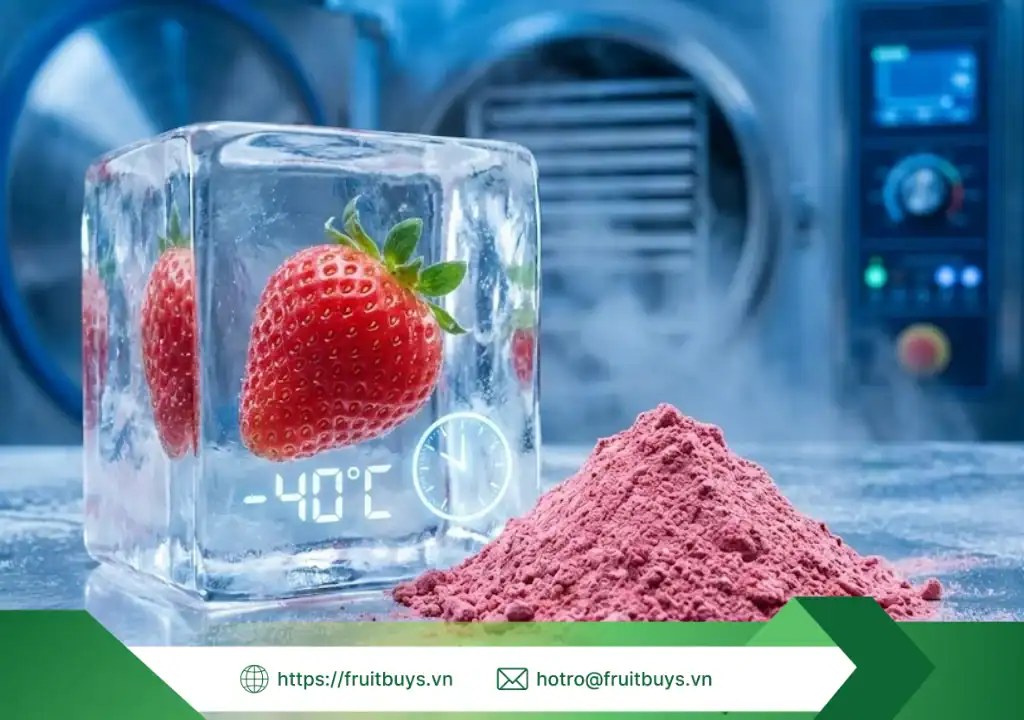 Quy Trình Sản Xuất Bột Dâu Tây Sấy Thăng Hoa: Giải Mã Công Nghệ "Giữ Trọn Linh Hồn" Trái Cây quy trình sản xuất bột dâu tây sấy thăng hoa 260109 (1) fruitbuys vietnam