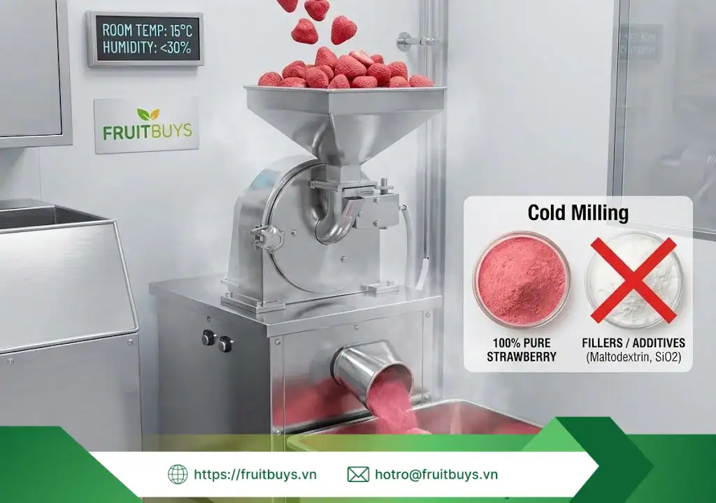 Quy Trình Sản Xuất Bột Dâu Tây Sấy Thăng Hoa: Giải Mã Công Nghệ "Giữ Trọn Linh Hồn" Trái Cây quy trình sản xuất bột dâu tây sấy thăng hoa 260109 (2) fruitbuys vietnam