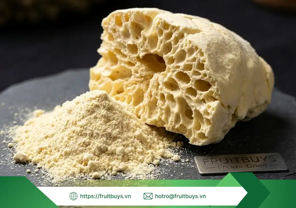 Quy Trình Sản Xuất Bột Sầu Riêng Sấy Thăng Hoa – Giải Mã "Tinh Chất" Vua Trái Cây quy trình sản xuất bột sầu riêng sấy thăng hoa 260111 (7) fruitbuys vietnam