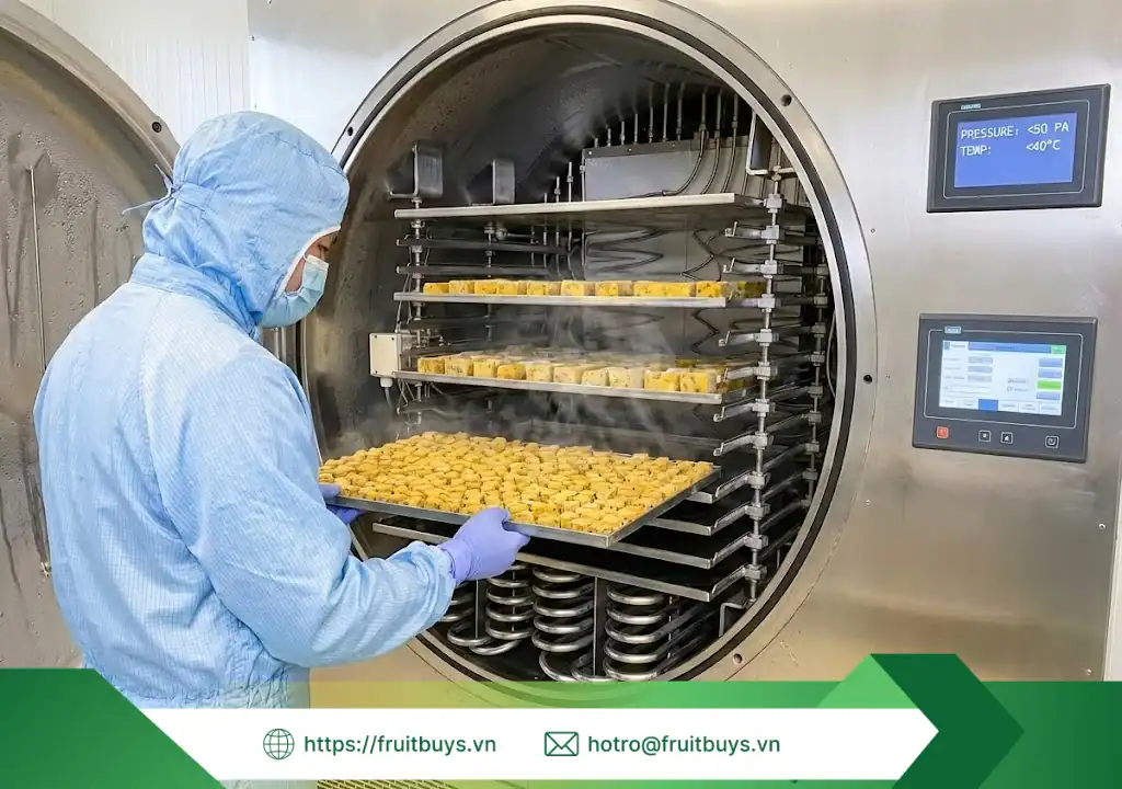 Quy Trình Sản Xuất Bột Chanh Dây Sấy Thăng Hoa: Hành Trình 48 Giờ "Đóng Băng" Linh Hồn Trái Cây quy trình sản xuất bột chanh dây sấy thăng hoa 260108 (6) fruitbuys vietnam