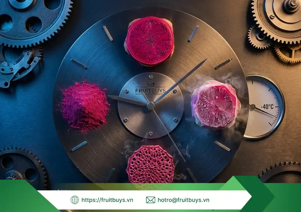 Quy Trình Sản Xuất Bột Thanh Long Sấy Thăng Hoa – Hành Trình 48 Giờ "Đóng Băng Thời Gian" Để Giữ Trọn Vị Nguyên Bản quy trình sản xuất bột thanh long sấy thăng hoa 260109 (1) fruitbuys vietnam